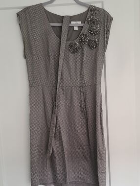 LOFT Grey Polka Dot Sleeveless Midi Dress with Floral Appliqué